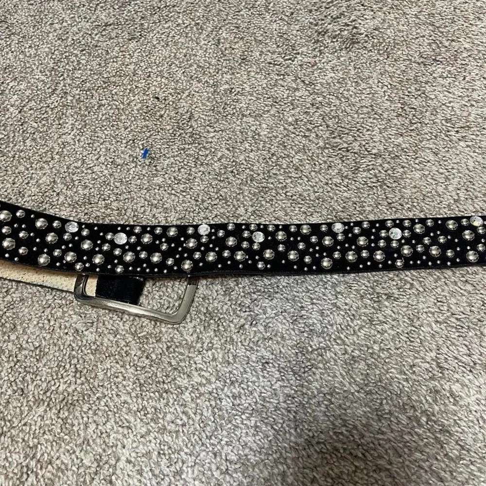 Black leather belt with silver studs and faux diamonds